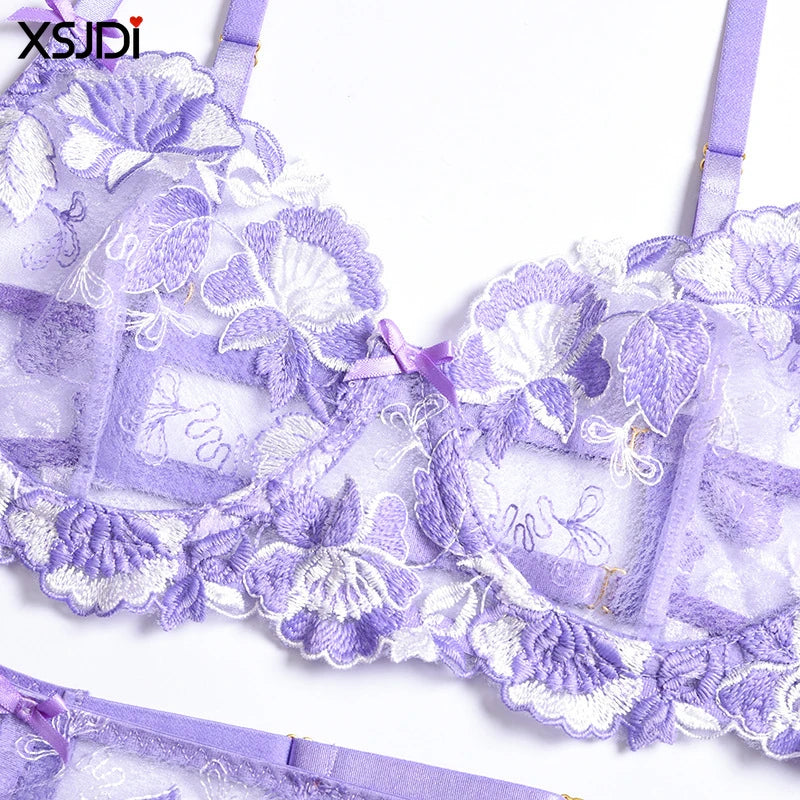 Exquisite Sexy Floral Lingerie Set Lace Transparent Bra Set Push-Up Bra Thong Garter Belt 3PCS Sexy Lingerie Underwear Set