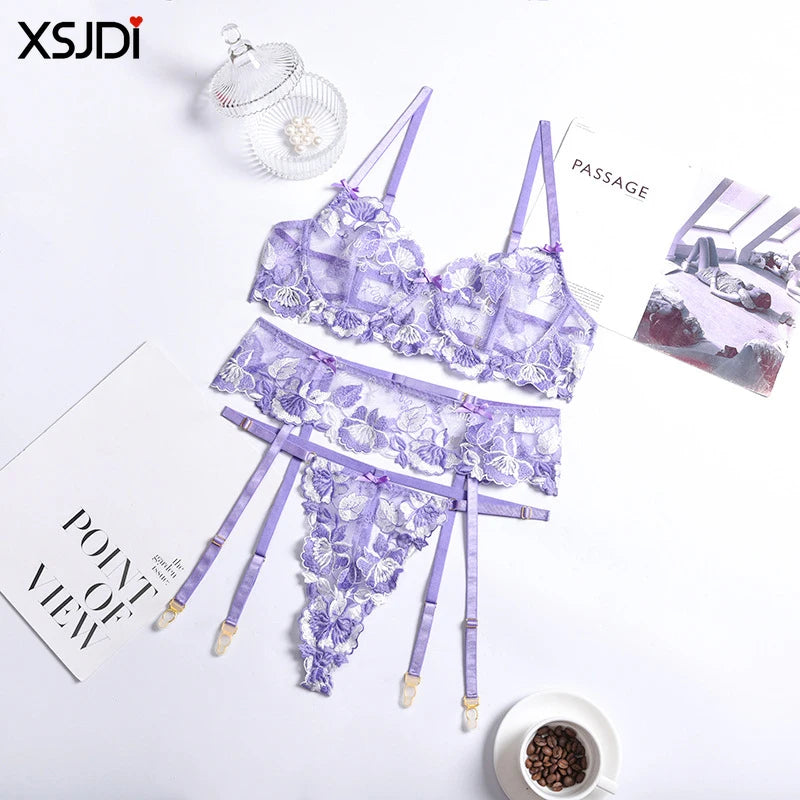 Exquisite Sexy Floral Lingerie Set Lace Transparent Bra Set Push-Up Bra Thong Garter Belt 3PCS Sexy Lingerie Underwear Set
