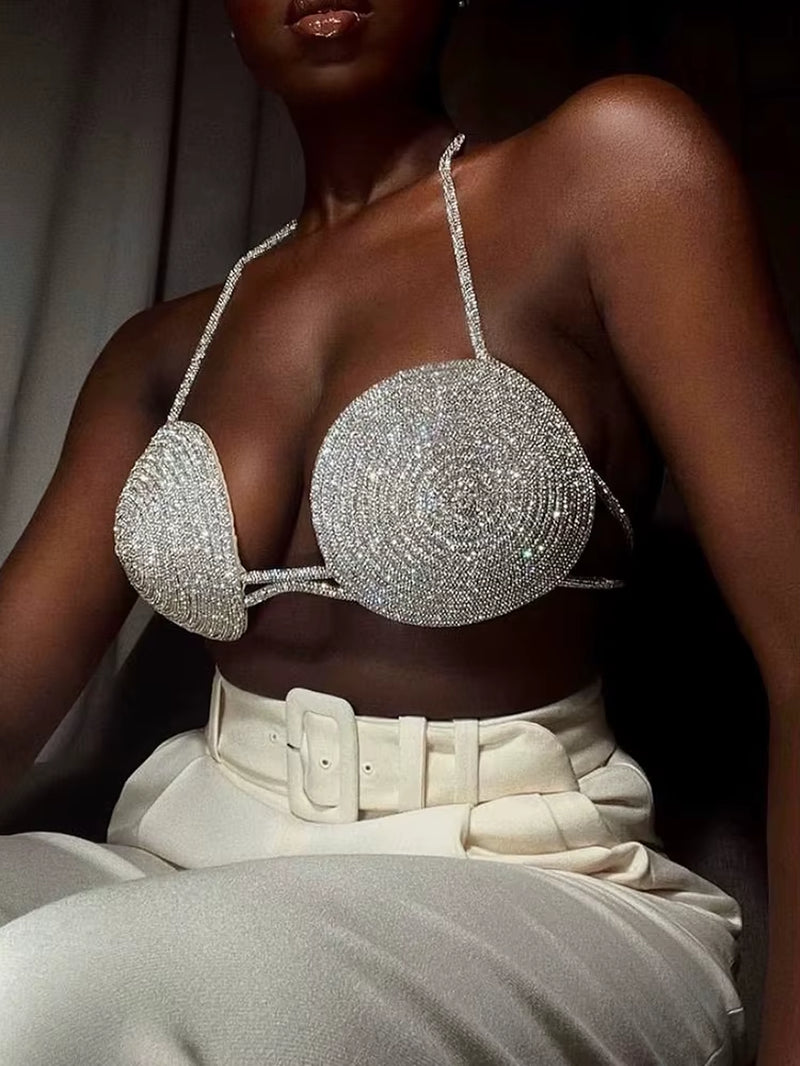 VC Summer Beach Halter Bra Women Sexy Luxury Diamonds Embellished Lingeries Sleeveless Backless Party Night Club