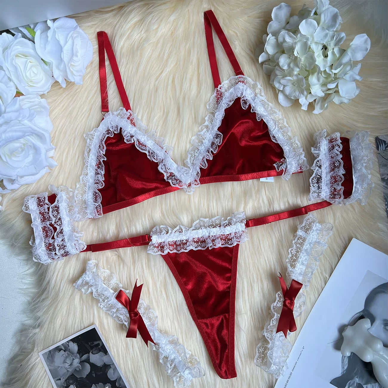 Valentine Sexy Lingerie Set Sissy Ensemble Lingeries Femmes Velvet Ruffles Lace Seductive Beautiful Underwear 6-Piece