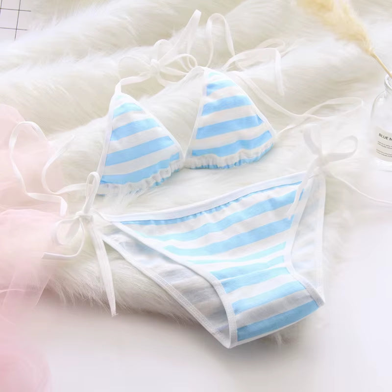 2PCS Women Bra Panties Set Sexy Lingeries Cotton Seamless Kawaii Bikini Lace-Up Strap Blue White Striped Suit Female Underwear