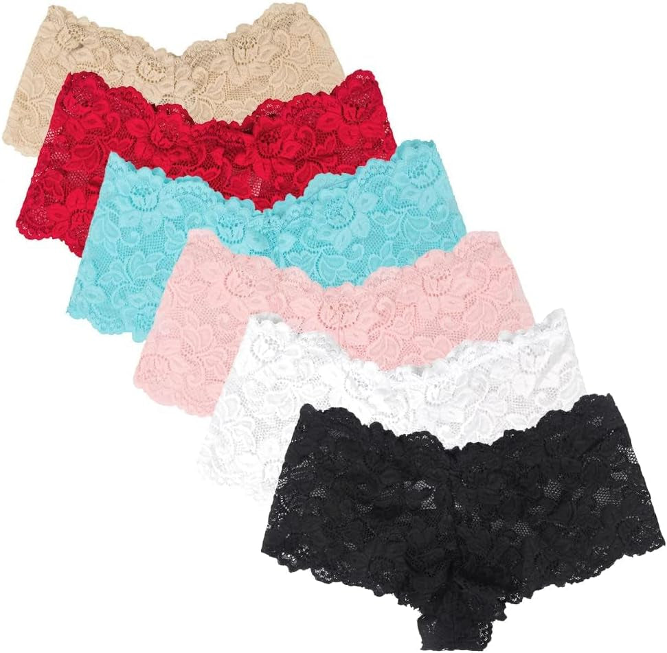 6 Pack Women'S Lace Underwear plus Size Boyshort Panties Sheer Hipster Cheeky Panty, Multicolor, 8-10