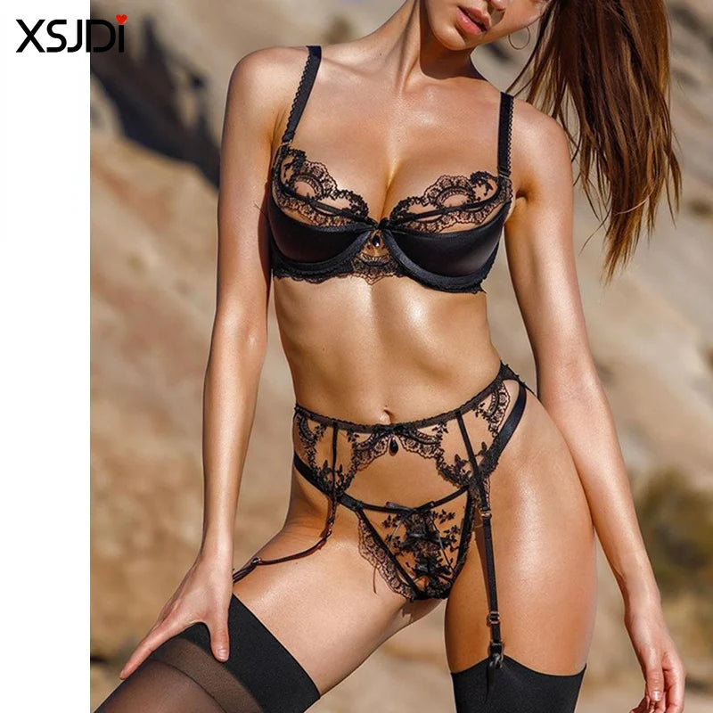 Exquisite Sexy Floral Lingerie Set Lace Transparent Bra Set Push-Up Bra Thong Garter Belt 3PCS Sexy Lingerie Underwear Set