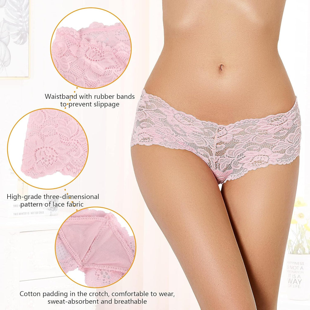 6 Pack Women'S Lace Underwear plus Size Boyshort Panties Sheer Hipster Cheeky Panty, Multicolor, 8-10