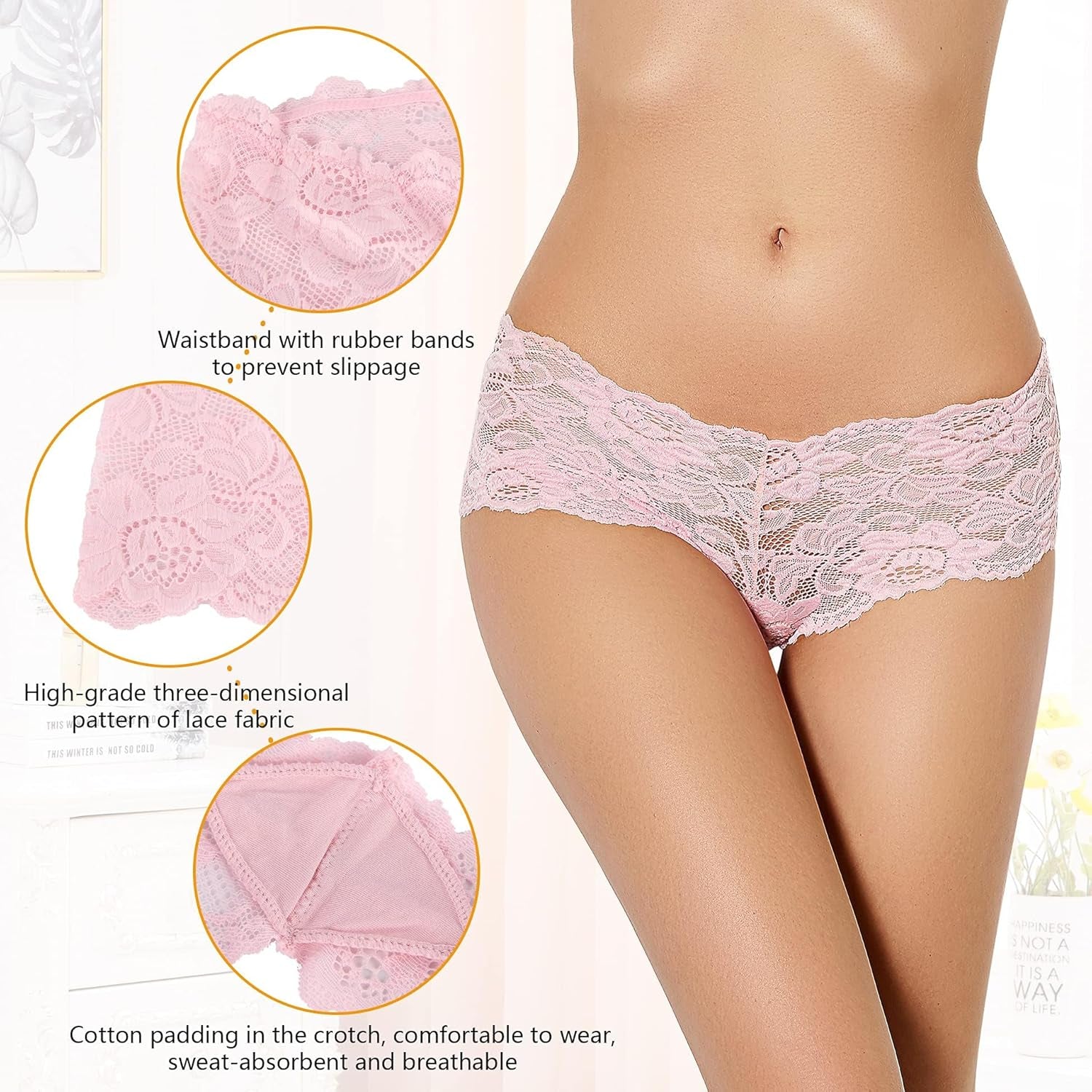6 Pack Women'S Lace Underwear plus Size Boyshort Panties Sheer Hipster Cheeky Panty, Multicolor, 8-10