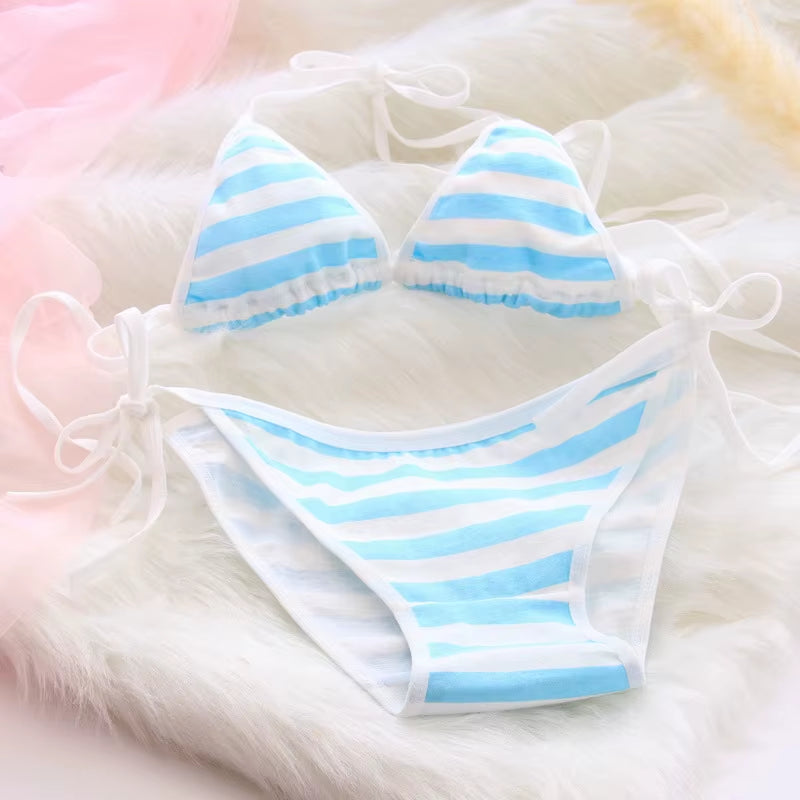 2PCS Women Bra Panties Set Sexy Lingeries Cotton Seamless Kawaii Bikini Lace-Up Strap Blue White Striped Suit Female Underwear