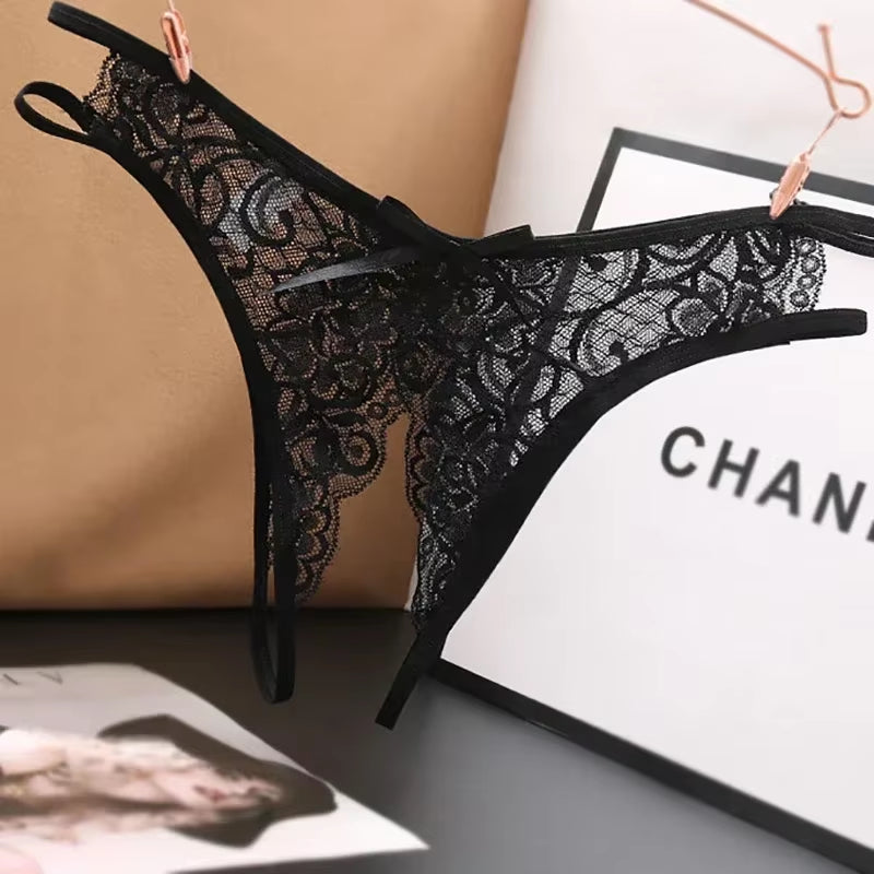 Women'S Panties Crotch Opening Transparent G-Strings Thongs Sexy Lingeries Solid Bowknot Underwear for Ladies Womens Lace Pantys