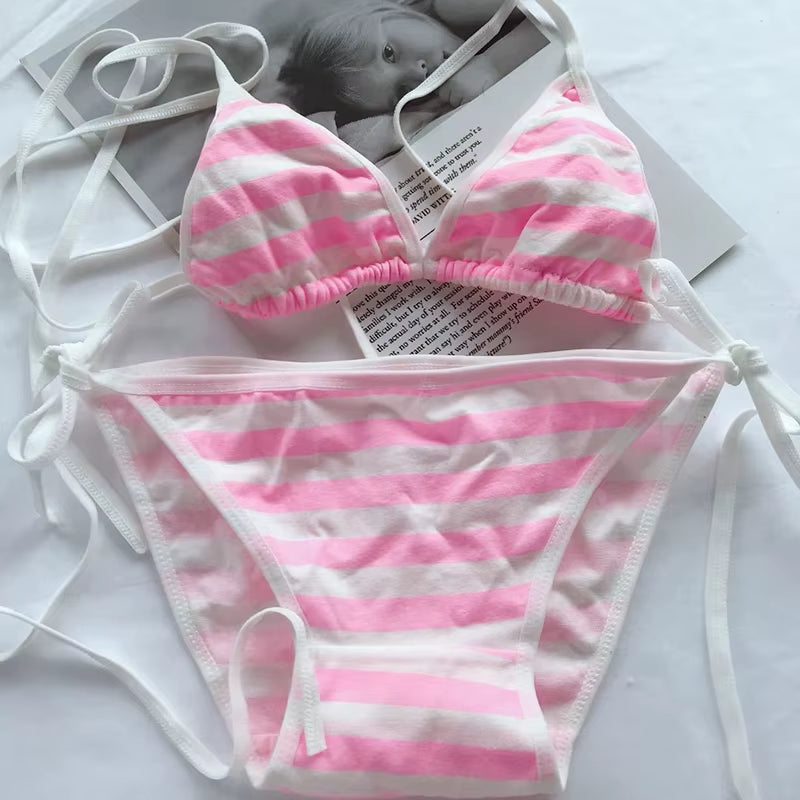 2PCS Women Bra Panties Set Sexy Lingeries Cotton Seamless Kawaii Bikini Lace-Up Strap Blue White Striped Suit Female Underwear