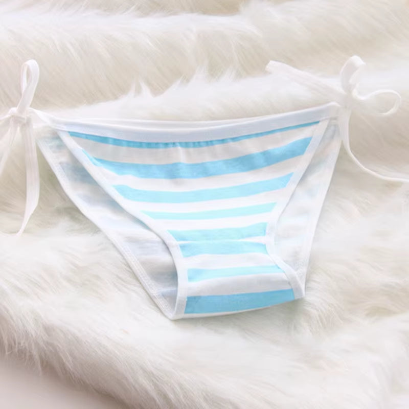 2PCS Women Bra Panties Set Sexy Lingeries Cotton Seamless Kawaii Bikini Lace-Up Strap Blue White Striped Suit Female Underwear