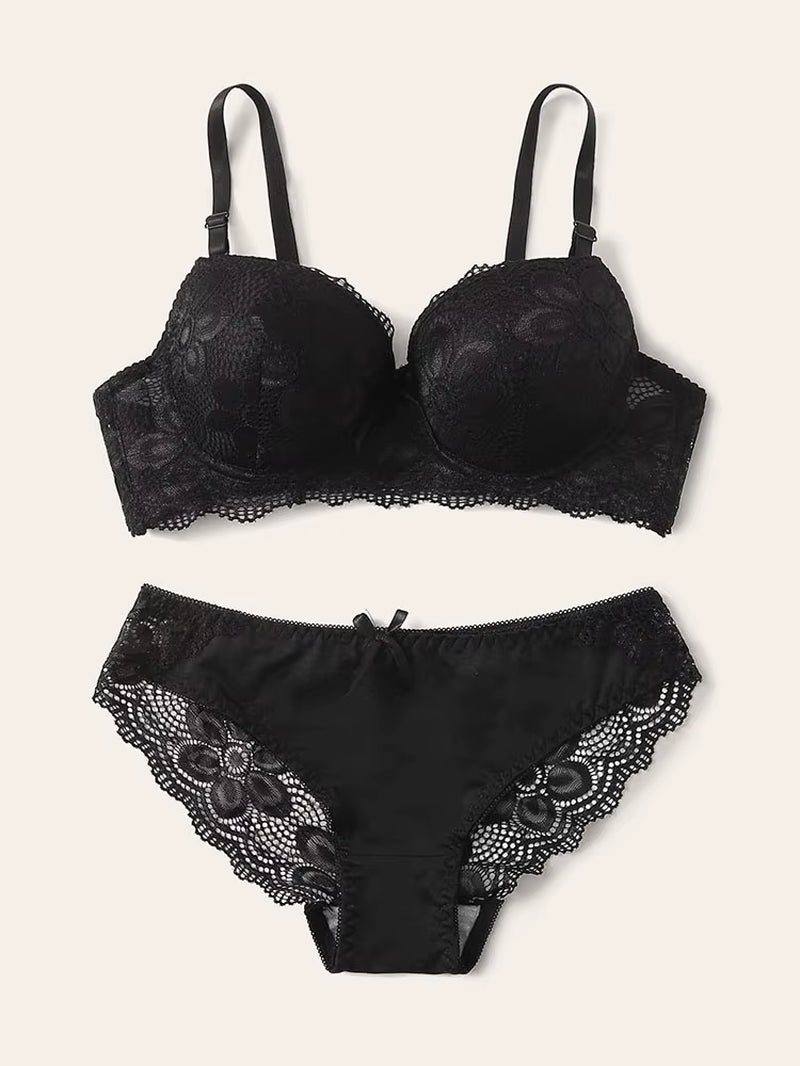 Transparent Floral Two Pieces Clothing Underwire Push up Lingeries for Woman A2123