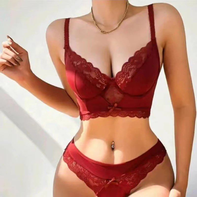 Exquisite Sexy Floral Lingerie Set Lace Transparent Bra Set Push-Up Bra Thong Garter Belt 3PCS Sexy Lingerie Underwear Set