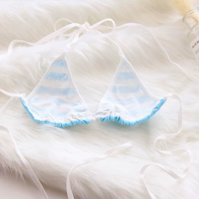 2PCS Women Bra Panties Set Sexy Lingeries Cotton Seamless Kawaii Bikini Lace-Up Strap Blue White Striped Suit Female Underwear