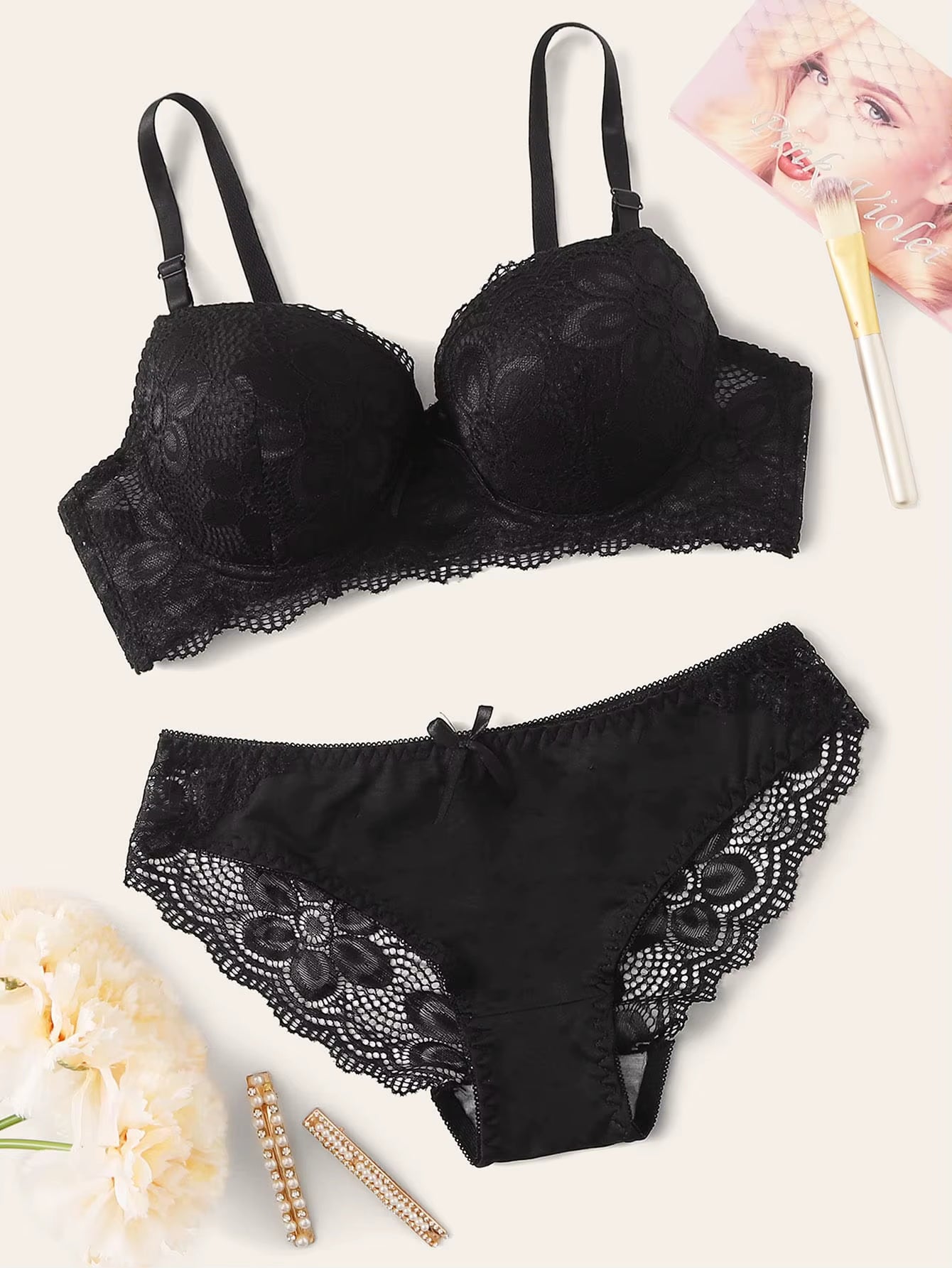 Transparent Floral Two Pieces Bras Panties Set Clothing Sexy Underwire Push up Lingeries for Women A2123