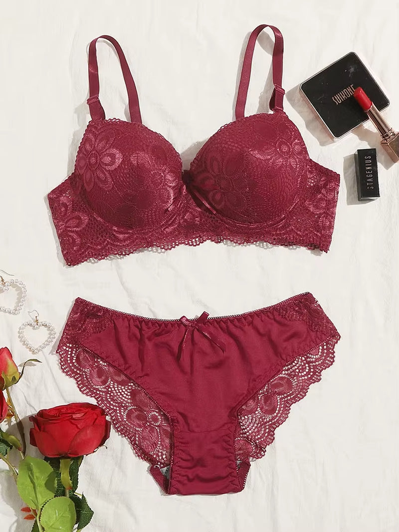 Transparent Floral Two Pieces Clothing Underwire Push up Lingeries for Woman A2123