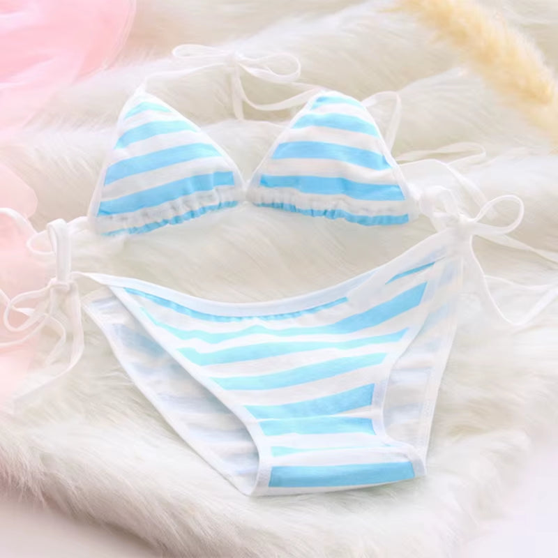 2PCS Women Bra Panties Set Sexy Lingeries Cotton Seamless Kawaii Bikini Lace-Up Strap Blue White Striped Suit Female Underwear