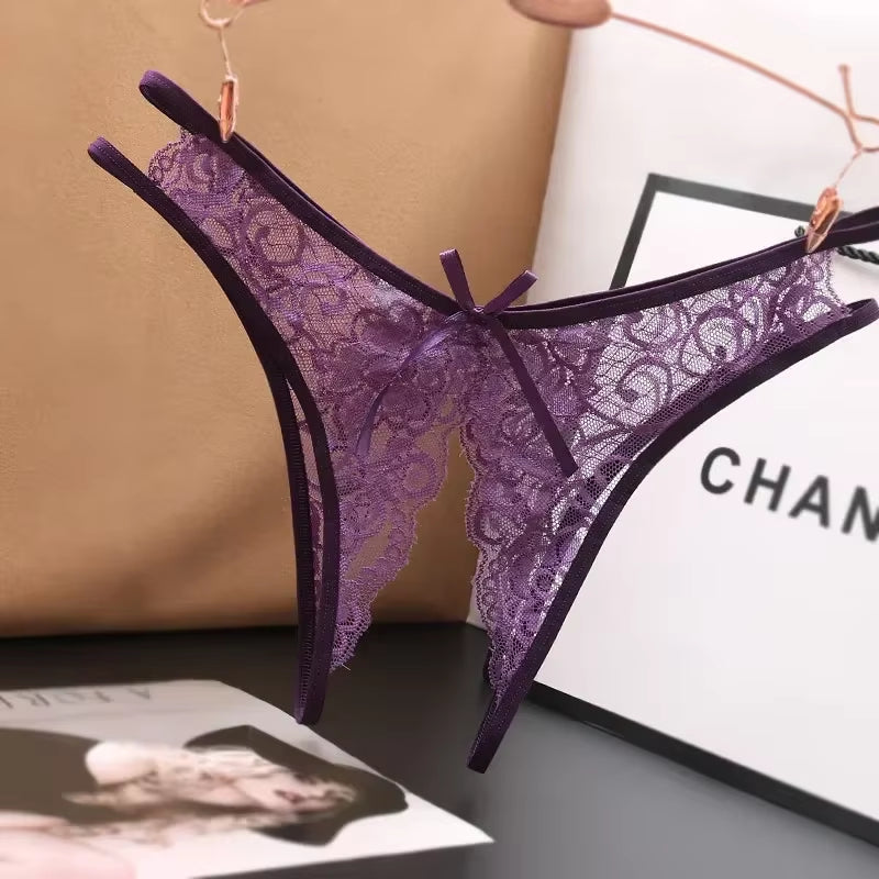 Women'S Panties Crotch Opening Transparent G-Strings Thongs Sexy Lingeries Solid Bowknot Underwear for Ladies Womens Lace Pantys